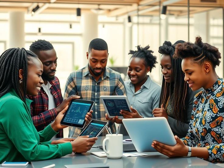Diverse young Nigerians developing skills and building networks through digital participation representing human capital growth