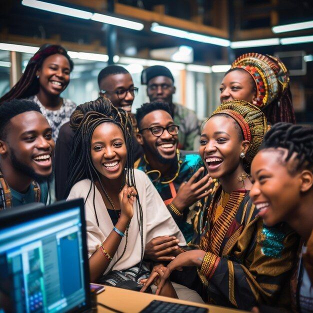 Diverse group of young Nigerians of different backgrounds participating together in the digital economy symbolising inclusion
