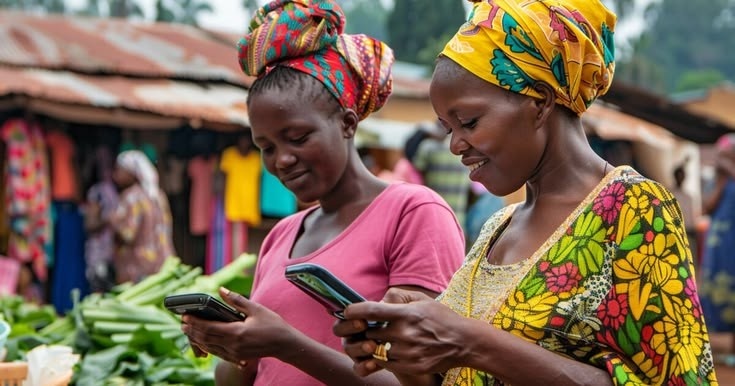 Previously unbanked Nigerian market trader accessing digital financial tools for the first time entering the digital economy